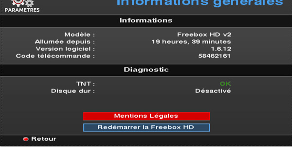 Caractéristiques/diagnostic du boîtier TV
